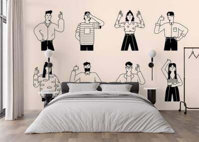 People gesturing OK with hand. Happy men and women showing okay sign with fingers. Line art style characters with thumbs up, expressing approval, saying yes. Isolated flat vector illustrations Wall mural