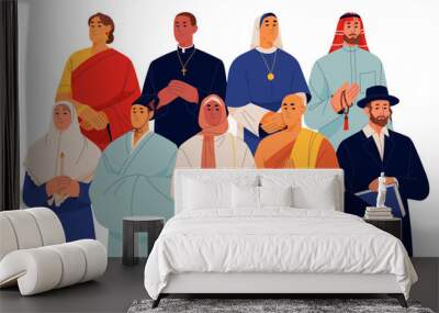 People of different religious culture. World religion diversity concept. Christian, Muslim, Buddhist, Rabbi portrait. Various holy clergy. Flat graphic vector illustration isolated on white background Wall mural