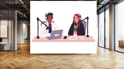 People talking while recording podcast in audio studio with headsets and microphones. Radio broadcast of interview. Host and guest chat at table. Flat vector illustration isolated on white background Wall mural