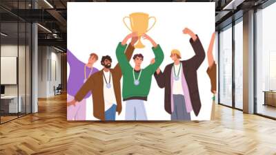 People with medals are on award. Team hold goblet, cup for victory, win in sports or business competition. Reward trophies for success teamwork. Flat isolated vector illustration on white background Wall mural