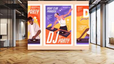 Posters of disco party with disc jockeys in night club. Techno musicians mixing tracks, play electro music with mixer console. Promotion of DJ performance on placards. Flat vector illustrations Wall mural