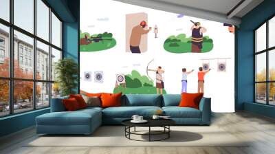 Professional shooters training on shoot range set. People aiming in bullseye target, aim with weapon, gun, rifle. Person shoting by bow on shooting gallery. Flat isolated vector illustrations on white Wall mural