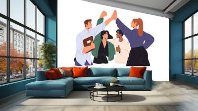 Team celebrates business success. Happy people give high five for corporate win. Coworkers rejoice at work achievement. Employees best deal together. Flat isolated vector illustration on white Wall mural