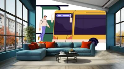 Urban transport arrives. Public vehicle rides on route. Electric mass transit. People standing, passengers waiting transfer at bus stop. City infrastructure. Flat isolated vector illustration on white Wall mural