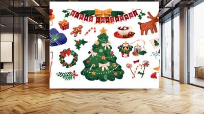 Xmas items set. Christmas tree, Santa with gifts, elves. Festive wreath, candy canes, gingerbreads. New year decorations. Winter holiday decor. Flat isolated vector illustration on white background Wall mural