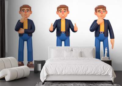 3d render of man in suit and yellow shirt showing various emotions, poses. Cheerful 3d businessman set Wall mural