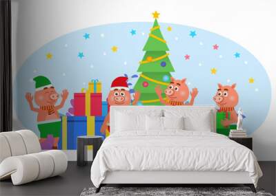 Cute little pigs stand near Christmas tree, gift boxes. New year, Christmas celebration. Poster for web page, social media, banner, presentation. Flat design vector illustration Wall mural