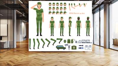 Female soldier in military clothing creation kit. Create your own pose, action, animation. Various emotions, gestures, design elements. Flat design vector illustration Wall mural