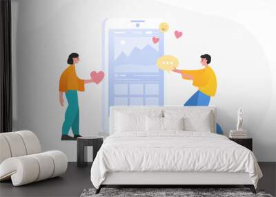 Increase followers, likes on social media page. Two people stand near big phone. Modern vector illustration Wall mural