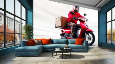 fast Red Delivery man riding a motorcycle with red delivery box, white background Wall mural