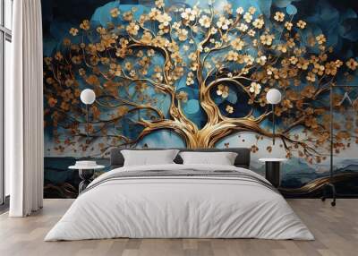 Sacred tree of life symbol abstract decoration crafted from wood. Blue Night moonlight shower. Postproducted digital illustration. 
 Wall mural