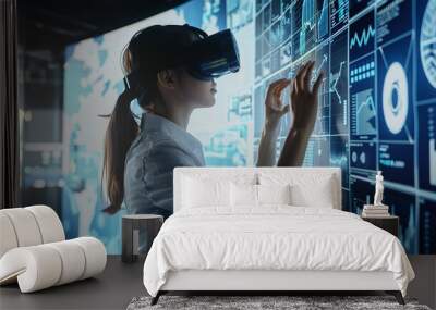 Businesswoman using augmented reality for data analysis Wall mural