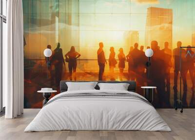 Double exposure image of many business people teamg group silhouette office background. Wall mural