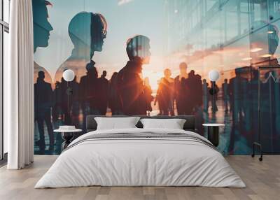 Double exposure image of many business people teamg group silhouette office background. Wall mural