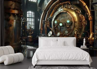 Incorporate elements of steampunk into the background design. How can we blend Victorian aesthetics with futuristic technology to create a unique backdrop. Wall mural