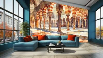 Watercolor hand draw The Great Mosque of Cordoba in Spain is a masterpiece of Moorish architecture Wall mural