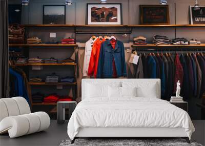 A high-end clothing store with a vibrant assortment of clothes on display  featuring elegant and casual attire Wall mural