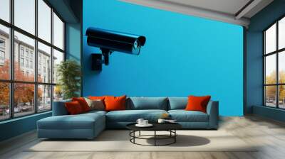 A sleek black CCTV camera against a plain blue background Wall mural