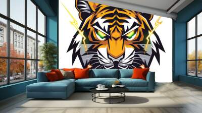 An aggressive tiger with lightning bolts and a digital grid team logo isolated on a transparent background Wall mural