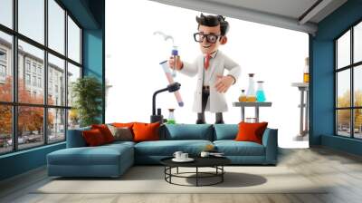 Set of 3D cartoon character scientist conducting an experiment in a high-tech laboratory isolated on a transparent background Wall mural