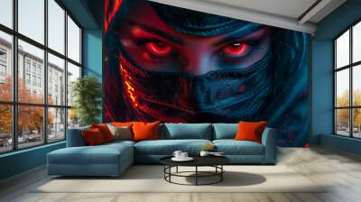 Striking portrait of a powerful cyber ninja Female, dark fantasy art style, vibrant highlights Wall mural