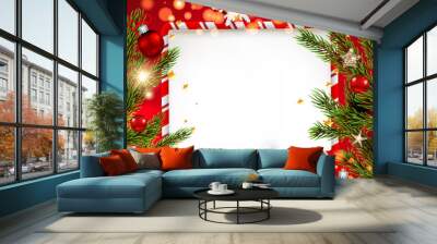 Red template with Christmas tree branches Wall mural