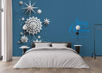 Winter holiday realistic paper cut snowflakes. Snow christmas decoration for design banner, ticket, invitation, greetings, leaflet and so on. Wall mural