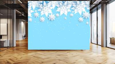 Winter holiday realistic paper cut snowflakes. Snow christmas decoration for design banner, ticket, invitation, greetings, leaflet and so on. Wall mural