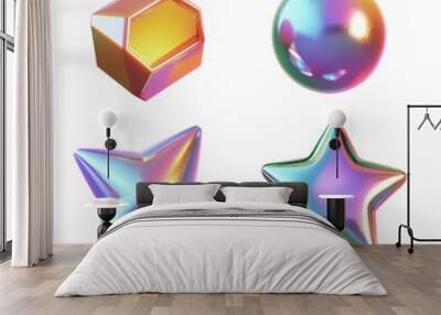 set of abstract star circle shapes fluid holographic Iridescent 3d render icon isolated on transparent background cutout Wall mural