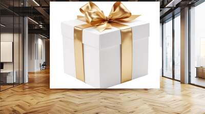 white gift box with gold ribbon isolated on transparent background cutout Wall mural