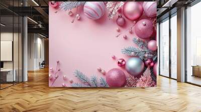 Christmas balls and decorations in pastel pink winter setting Wall mural