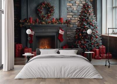 Cozy Christmas tree by the fireplace with plenty of presents. Wall mural