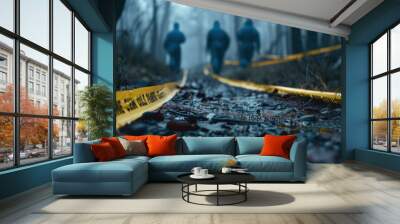 Crime scene in forest with police and caution tape on a foggy day Wall mural