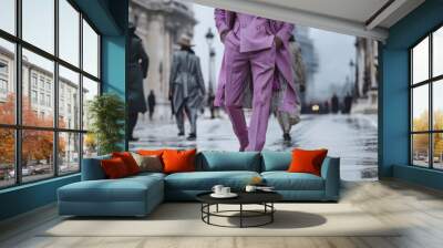 Man in vibrant purple suit walking confidently on a rainy street. Wall mural