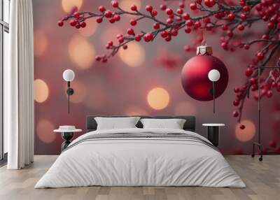 Red Christmas ornament hanging on a branch with bokeh lights Wall mural