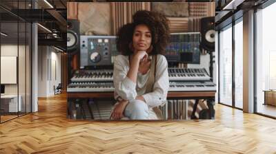 Smiling woman in music production studio Wall mural