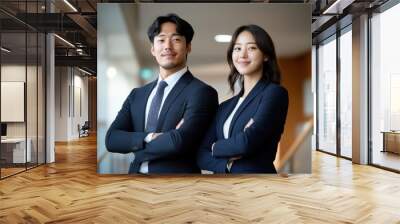 Two business people standing with arms crossed in office building Wall mural