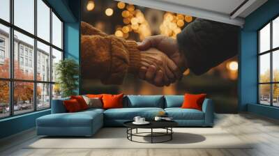 Two elderly individuals shaking hands, a symbol of connection. Wall mural