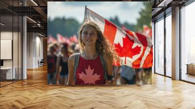 Young woman on outdoor walk with Canadian flag in background Wall mural