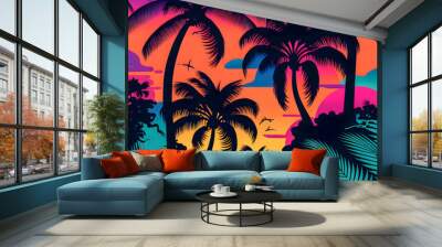 Florida pattern, illustrator,  black purple orange blue pink green color palette Generative AI Wall mural