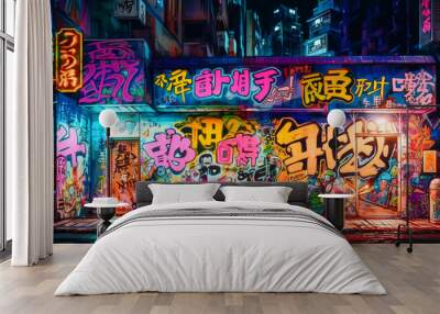 Japanese Graffiti on street wall, neon light, street art by night, Generative AI Wall mural