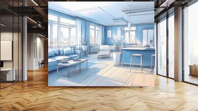 Sketch and Blueprint, bright interior of a new apartment, hand drawn illustration, Generative AI Wall mural