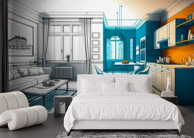 Sketch and Blueprint, bright interior of a new apartment, hand drawn illustration Generative AI Wall mural