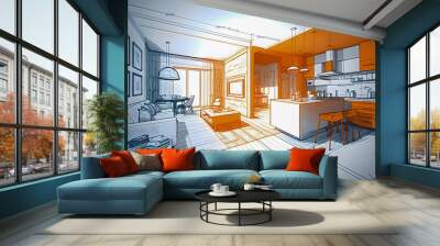 Sketch and Blueprint, bright interior of a new apartment, hand drawn illustration Generative AI Wall mural