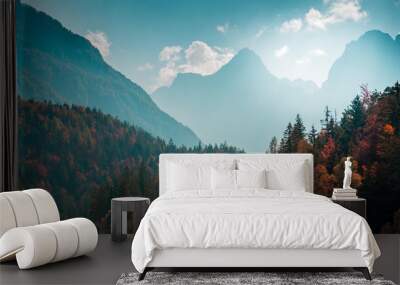 Beautiful mountain landscape with autumn forest. Alpine scenery - Julian Alps Wall mural