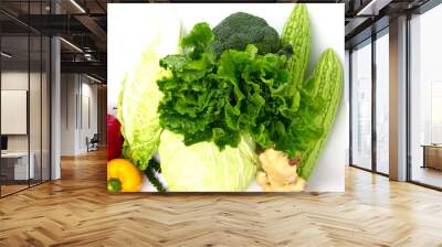 Healthy food background, and green diet vegetarian food and vegetables on white background. Shopping food supermarket concept Wall mural