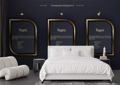 THREE Vector multipurpose Infographic template with four elements options with premium golden version on a dark background and 3 golden infochart template with luxury golden icons.eps
 Wall mural