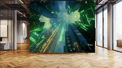 Economic boom visualization, skyscrapers growing upward, green stock market graphs shooting into the sky, futuristic city Wall mural