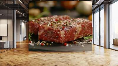 Meat and vegetables healthy food diet. Juicy steaks of fresh red meat. Barbecue set. Wall mural