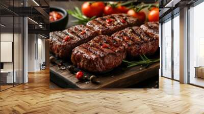 Meat and vegetables healthy food diet. Juicy steaks of fresh red meat. Barbecue set. Wall mural